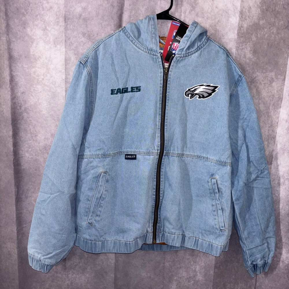 NWT NFL Philadelphia Eagles Blue Denim NFL Official Mens XL Heavy Hooded Jacket